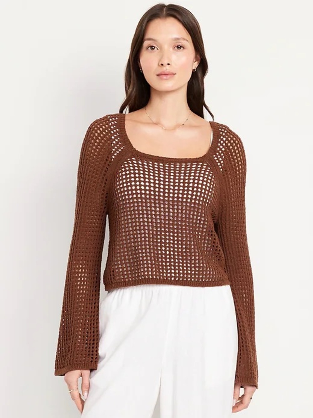 Chocolate Brown Open-Knit Scoop Neck Sweater
